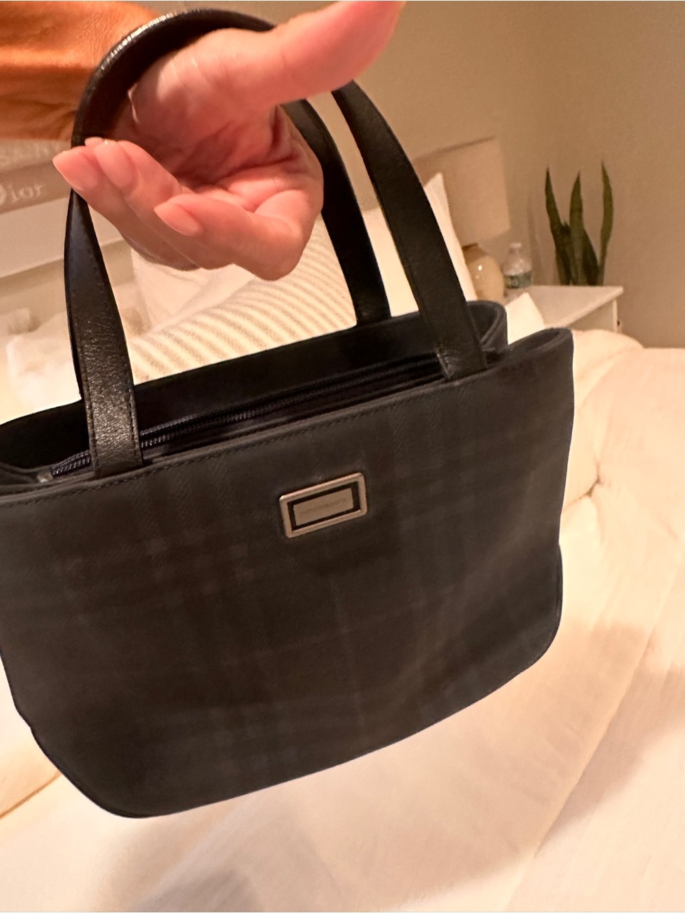 Burberry navy  Plaid Shoulder Bag with Leather Handles